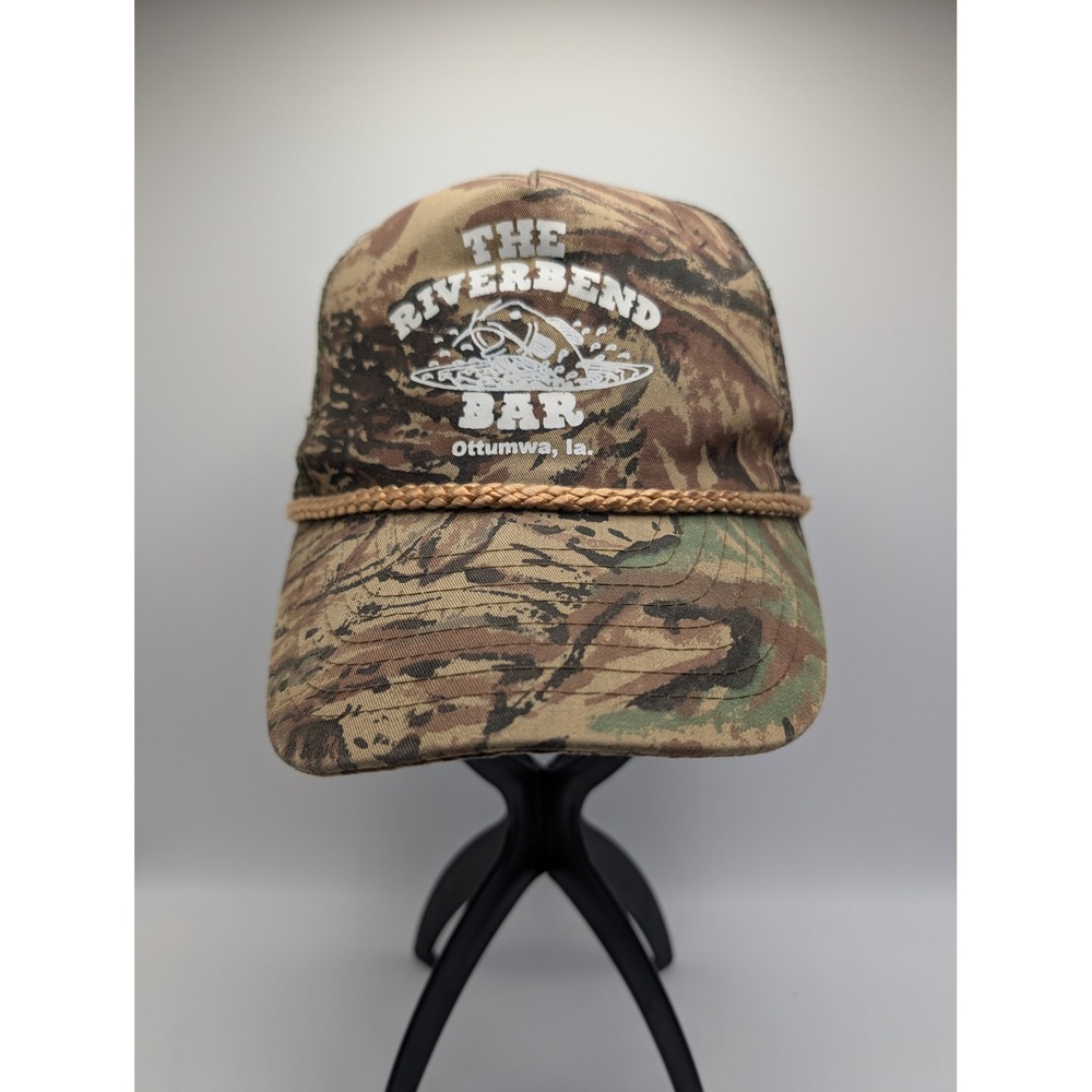Vintage Nissun The Riverbend Bar Ottumwa Iowa Camo Trucker Hat Snapback Rope Cap